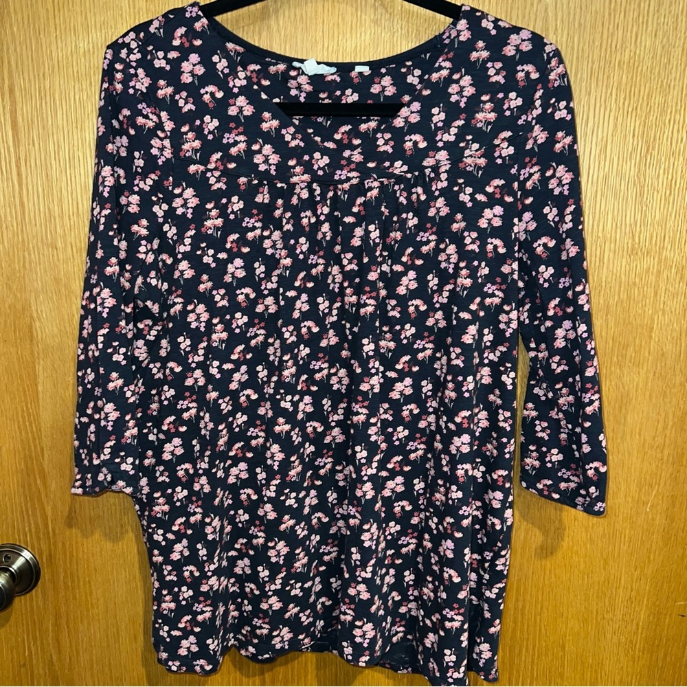 Fat Face Floral Slub Knit Top Womens 12 Black Pink 3/4 Sleeve Navy‎ pink floral
